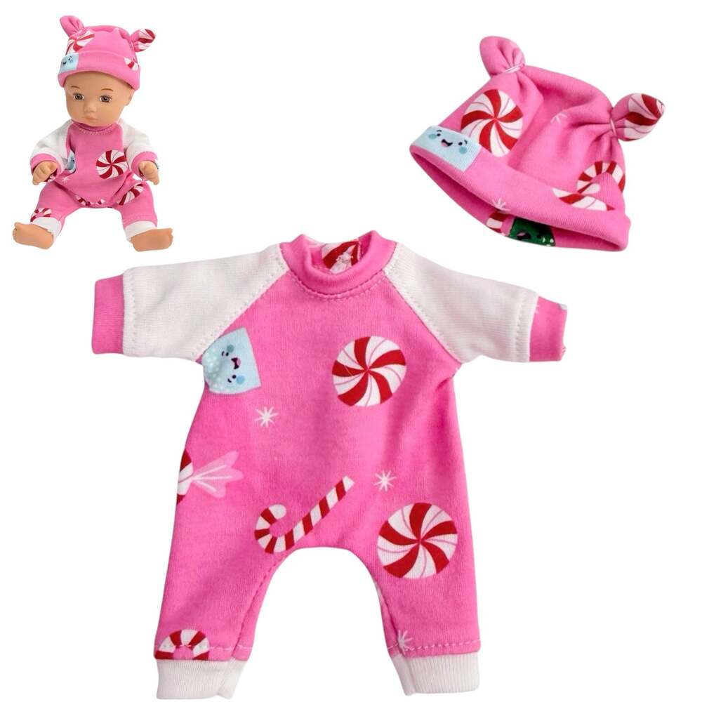 Christmas Doll Pajamas Sleeper Hat Pink Fit American Girl Little Bitty Baby 7"